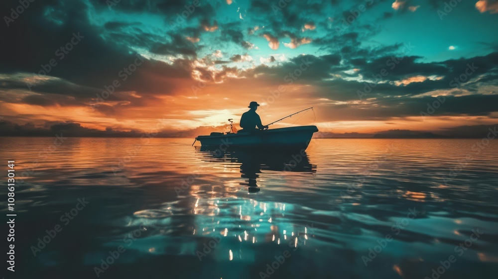 Fototapeta premium A lone fisherman casts his line in a small boat on a calm lake at sunset, with colorful clouds reflecting in the water.