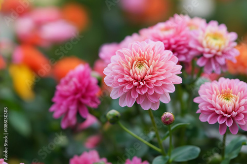 Pink chrysanthemum flowers blooming in garden during spring season