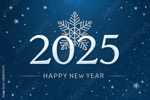 Happy New Year 2025 With Elegant Snowflakes on a Blue Background, Creating a Festive Winter Atmosphere for Celebrations