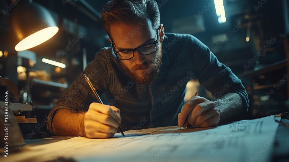 Focused male engineer sketching detailed design plans at night in his workshop. Focused male engineer sketching detailed design plans at night in his workshop.