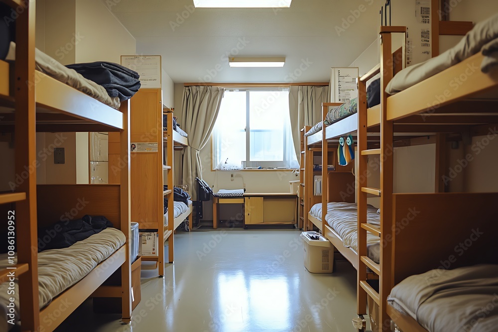 Fototapeta premium Dorm room with bunk beds. Concept of student life, hostel, and accommodation.