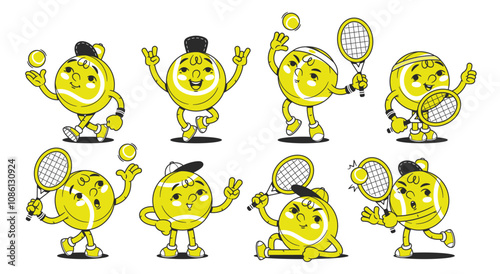 Comic tennis ball characters with anthropomorphic face demonstration different emotions and actions
