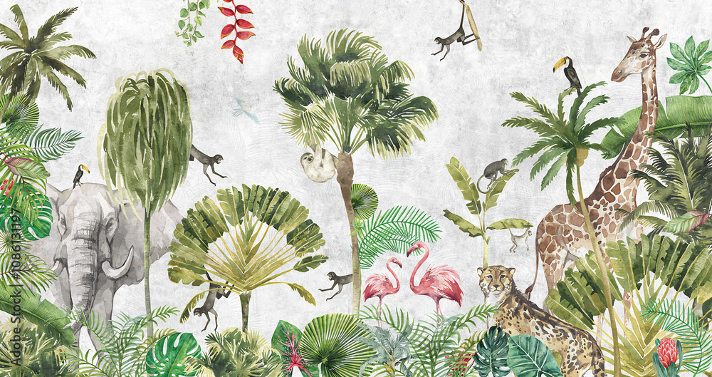 Obraz premium Mural wallpaper. Kid wallpapers. Wallpaper for children room with tropical animals