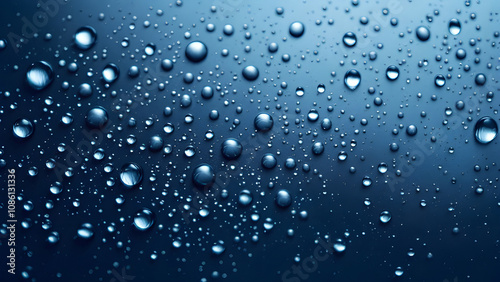 Drops of water on a blue metal surface