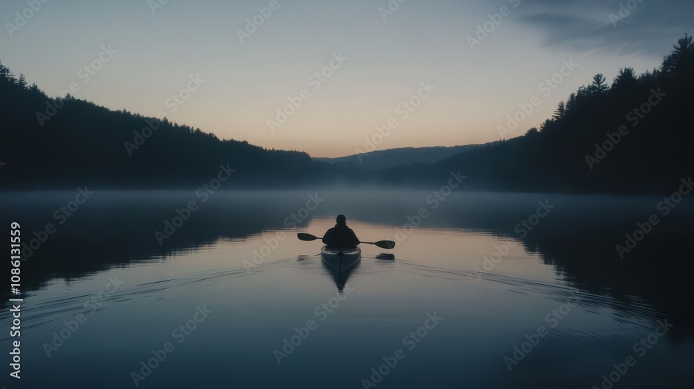 A lone kayaker paddles through a misty lake at dawn, with the silhouette of trees and hills in the background.