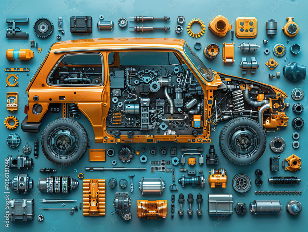 Fototapeta premium Dismantlement diagram of Car, the Car is in the middle of the picture, and Car parts are neatly placed around it, realistic, high-definition, high quality, 8k