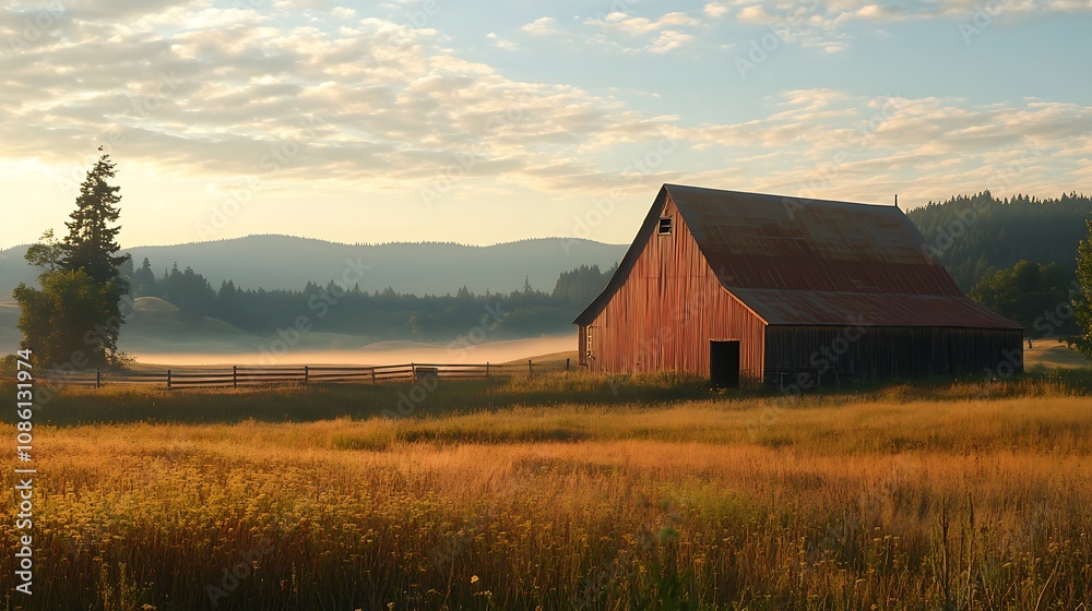 Rustic Barn in Golden Field at Sunrise Rustic Barn in Golden Field at Sunrise