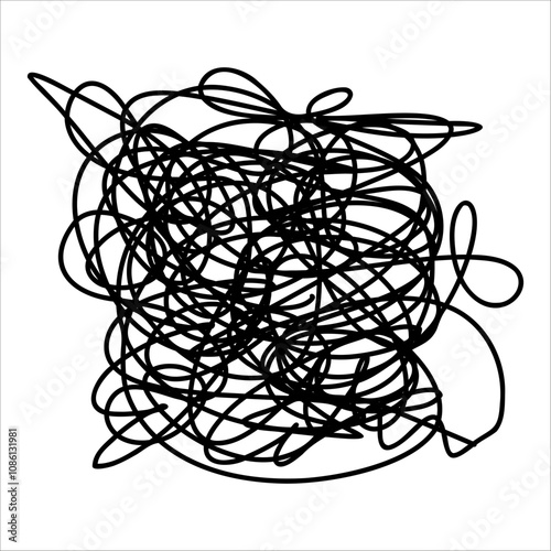 Scribble chaotic knot line. Doodle chaotic twisted knot thin line, curls, swirl, twirl, flourishes, chaotic lines. Simple vintage chaotic line element isolated on white. Hand drawn chaos line, knot