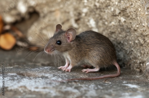 Small wood mouse exploring concrete surface near wall photo