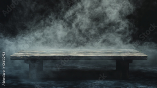 Empty Wooden Table with Rising Smoke on a Dark Background. An empty wooden table sits against a mysterious, dark background as smoke gently floats upward, creating a moody and atmospheric scene.  photo