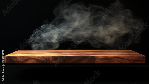 Wooden Table with Smoke Effects on a Dimly Lit Background. Bring depth to your design with an empty wooden table and floating smoke on a dark, dramatic background.  photo