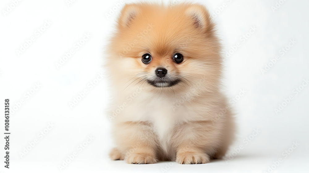 Lovable Pomeranian Puppy Posing Against a White Background. This lovely Pomeranian puppy is the star of the show, posing against a serene white background. Lovable Pomeranian Puppy Posing Against a White Background. This lovely Pomeranian puppy is the star of the show, posing against a serene white background.