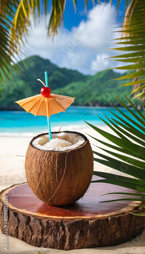 Wallpaper Mural vertical image of a coconut used as a cocktail drink on a tropical beach background. Concept tropical vacation in luxury relaxation and fun Torontodigital.ca