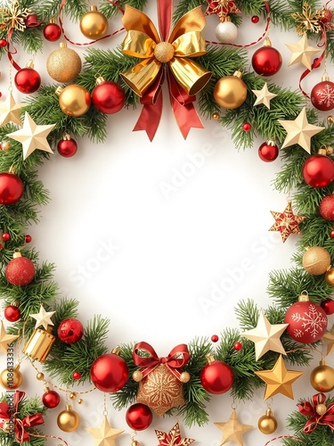 circular frame decorated with Christmas ornaments hanging from the top and sides