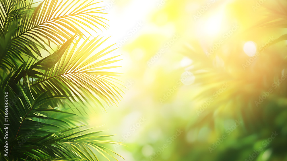 Obraz premium Shiny Sunlight in a Tropical Palm Garden – Ideal Banner for Holidays and Travel. Capture the essence of tropical paradise with a scene featuring shimmering sunlight filtering through lush palm trees. 