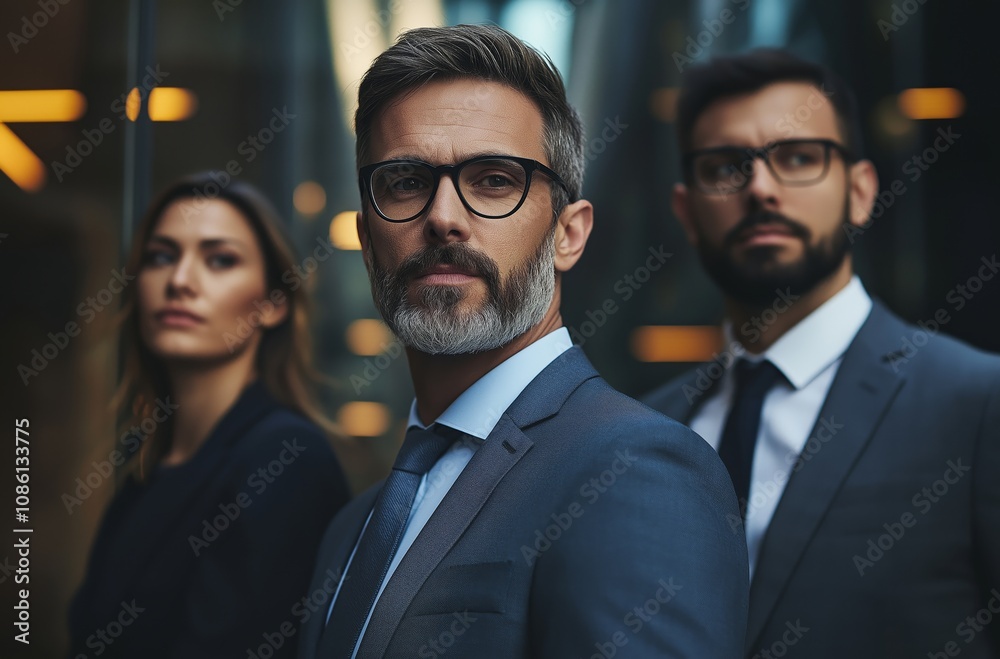Serious business team standing together in modern office building Serious business team standing together in modern office building