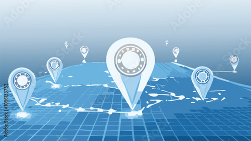 gps navigation map with location pins on digital world map showing global tracking and route planning
