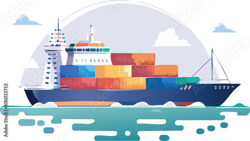 title: cargo ship with colorful containers sailing on sea with clouds in sky representing global shipping transport
