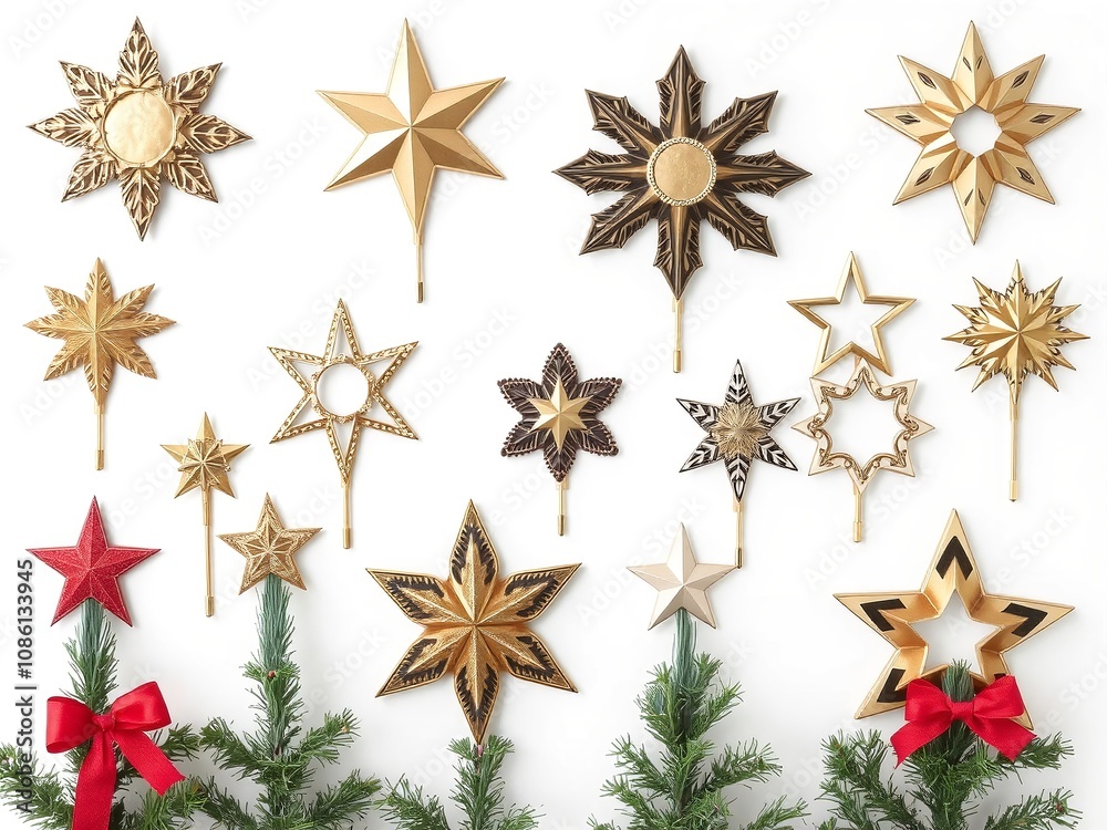 assortment of Christmas tree toppers, including traditional stars, angels, and modern geometric designs. assortment of Christmas tree toppers, including traditional stars, angels, and modern geometric designs.