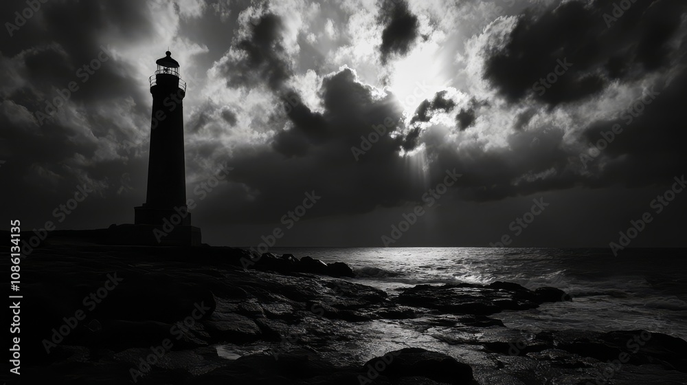 A lone lighthouse stands tall on a rocky shore, silhouetted against a dramatic sky. A lone lighthouse stands tall on a rocky shore, silhouetted against a dramatic sky.
