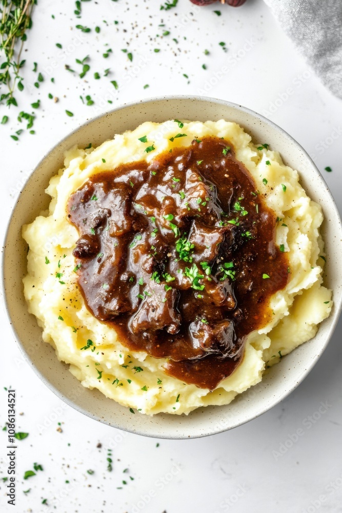 Creamy mashed potatoes topped with rich gravy on a clean white background showcasing comfort food Creamy mashed potatoes topped with rich gravy on a clean white background showcasing comfort food