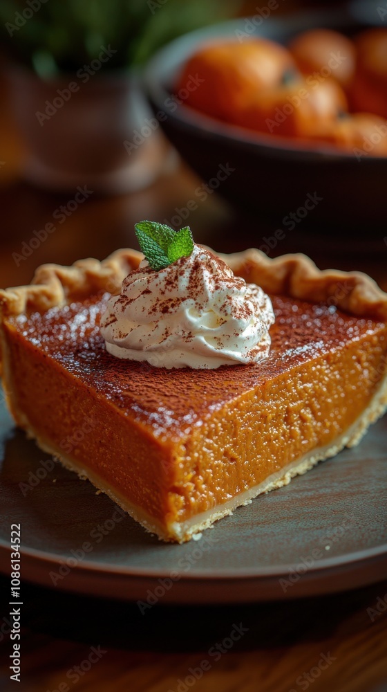 Deliciously sliced pumpkin pie topped with whipped cream on a rustic wooden table with warm lighting Deliciously sliced pumpkin pie topped with whipped cream on a rustic wooden table with warm lighting