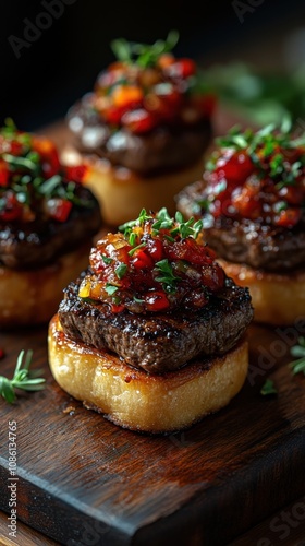 Delicious gourmet burgers topped with fresh salsa served on a wooden cutting board