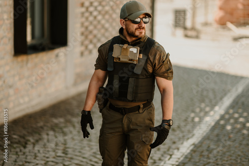 Foto Private military contractor walking in urban environment