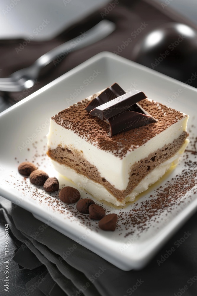 Delicious tiramisu dessert served on a plate with chocolate shavings and coffee beans in a cozy cafe setting Delicious tiramisu dessert served on a plate with chocolate shavings and coffee beans in a cozy cafe setting