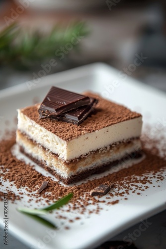 Delicious tiramisu dessert served on a plate with chocolate shavings and coffee beans in a cozy cafe setting