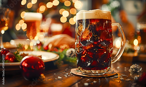 Close up of a jar of dark beer with a rich foam head, surrounded by Christmas decorations such as red ornaments, pine branches, and holiday lights. 