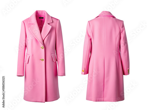 Pink womans winter coat front and back views isolated on transparent background.