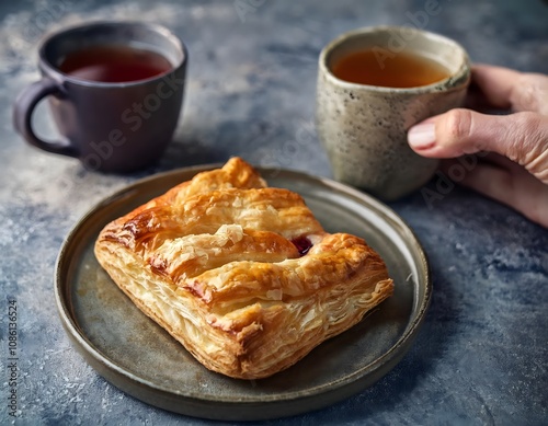 A flaky pastry served with a cup of tea, styled on a gray stone table with a hand holding the cup