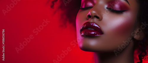 Sensual Closeup of a Black Womans Face with Red Lipstick and Makeup