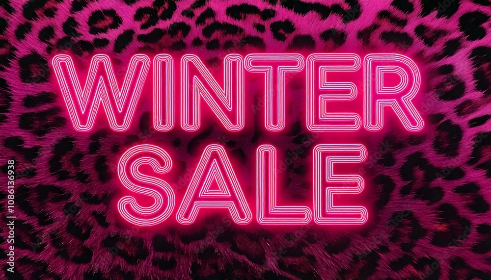 Fototapeta premium words winter sale in neon pink with leopard print pattern in background 