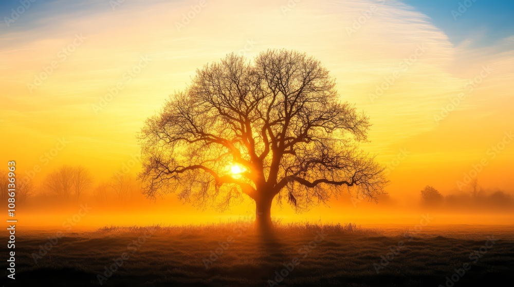 A lone tree silhouetted against a vibrant sunrise, with fog swirling at its base, creating a sense of mystery and tranquility. A lone tree silhouetted against a vibrant sunrise, with fog swirling at its base, creating a sense of mystery and tranquility.