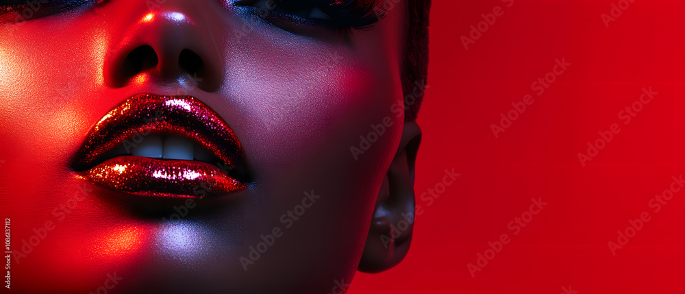 Closeup of Womans Face with Red Glitter Lipstick and Dramatic Lighting Closeup of Womans Face with Red Glitter Lipstick and Dramatic Lighting