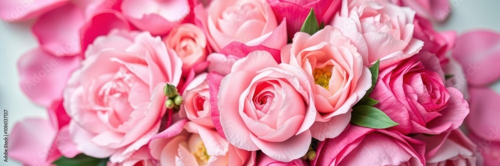 A beautiful arrangement of fresh pink peonies and roses with space for text, wedding, colorful A beautiful arrangement of fresh pink peonies and roses with space for text, wedding, colorful