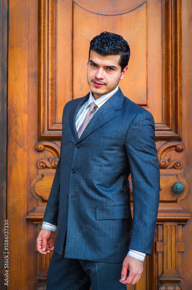 A man in a pinstripe suit stands confidently in front of an ornately carved wooden door. He has a slight smile and is wearing a light-colored tie, adding a professional touch to his attire.