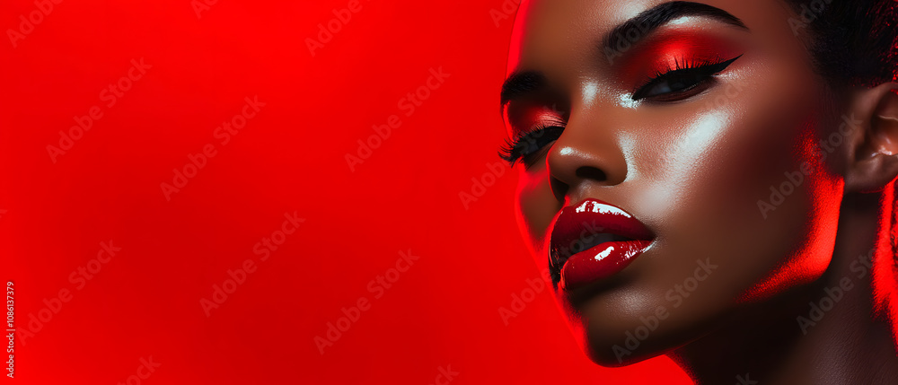 Sensual Woman with Red Makeup, Dramatic Lighting, Closeup Portrait