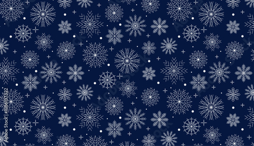Seamless Christmas pattern. White Snowflake pattern on blue winter background. Vector decorations for New year holiday greeting cards, banner, wrapping paper, invitations