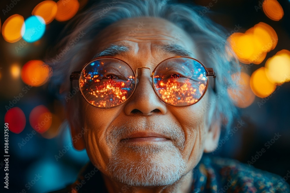 Elderly Korean man in reflective sunglasses with vibrant bokeh lights represents wisdom and creativity in focus Elderly Korean man in reflective sunglasses with vibrant bokeh lights represents wisdom and creativity in focus