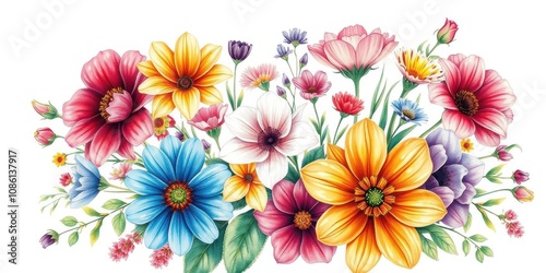 Colorful watercolor illustration of a variety of blooming flowers, including roses, tulips, and daisies, on a white background, garden, nature