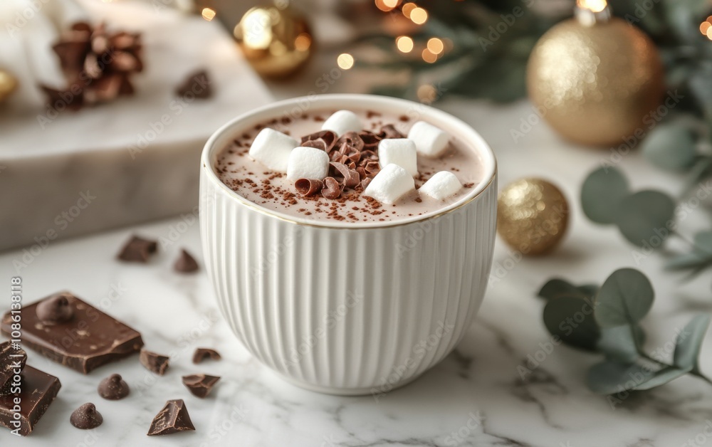 Warm and inviting hot chocolate in a cozy holiday setting with festive decorations Warm and inviting hot chocolate in a cozy holiday setting with festive decorations