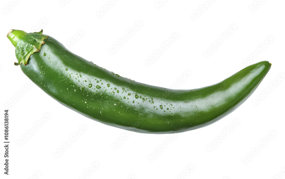 Fresh green jalapeno pepper displayed against a white background, showcasing its smooth skin and curved shape Fresh green jalapeno pepper displayed against a white background, showcasing its smooth skin and curved shape