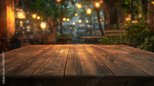 Rustic wooden table in foreground with blurred background of cozy outdoor restaurant patio, string lights creating warm ambiance among trees at dusk.