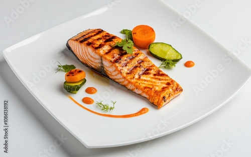 Grilled salmon fillet served with vegetables and herbs on a white plate in an elegant setting photo