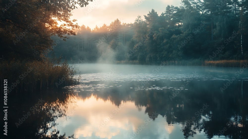 Misty Sunrise Lake in Forest