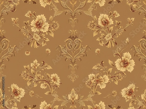 Elegant floral pattern with intricate details in shades of blue and gold, seamless, delicate