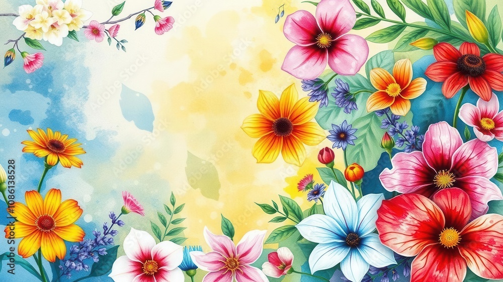Fototapeta premium Floral arrangement of various colorful flowers in a watercolor style illustration, nature, painting